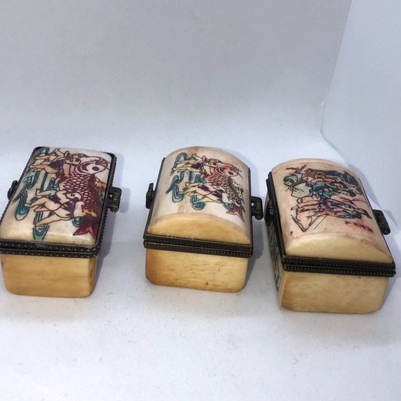Set of 3 Chinese Cow Bone Carved Gift Box Trinket Box W/Hand Painted . - Picture 9 of 9